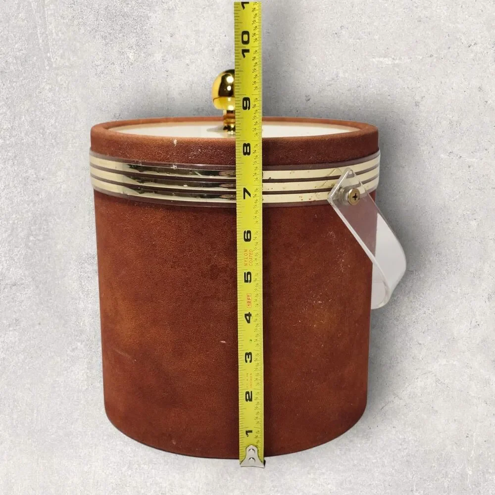 Vintage MCM Suede Ice Bucket Brown Lucite Handle Lid Gold Trim Retro Barware Bar